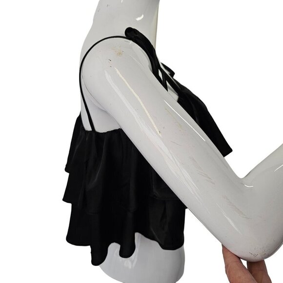 Camellia Black Layered Flounce Crop Top Womens L Tie Spaghetti Straps Polyester - Picture 5 of 9